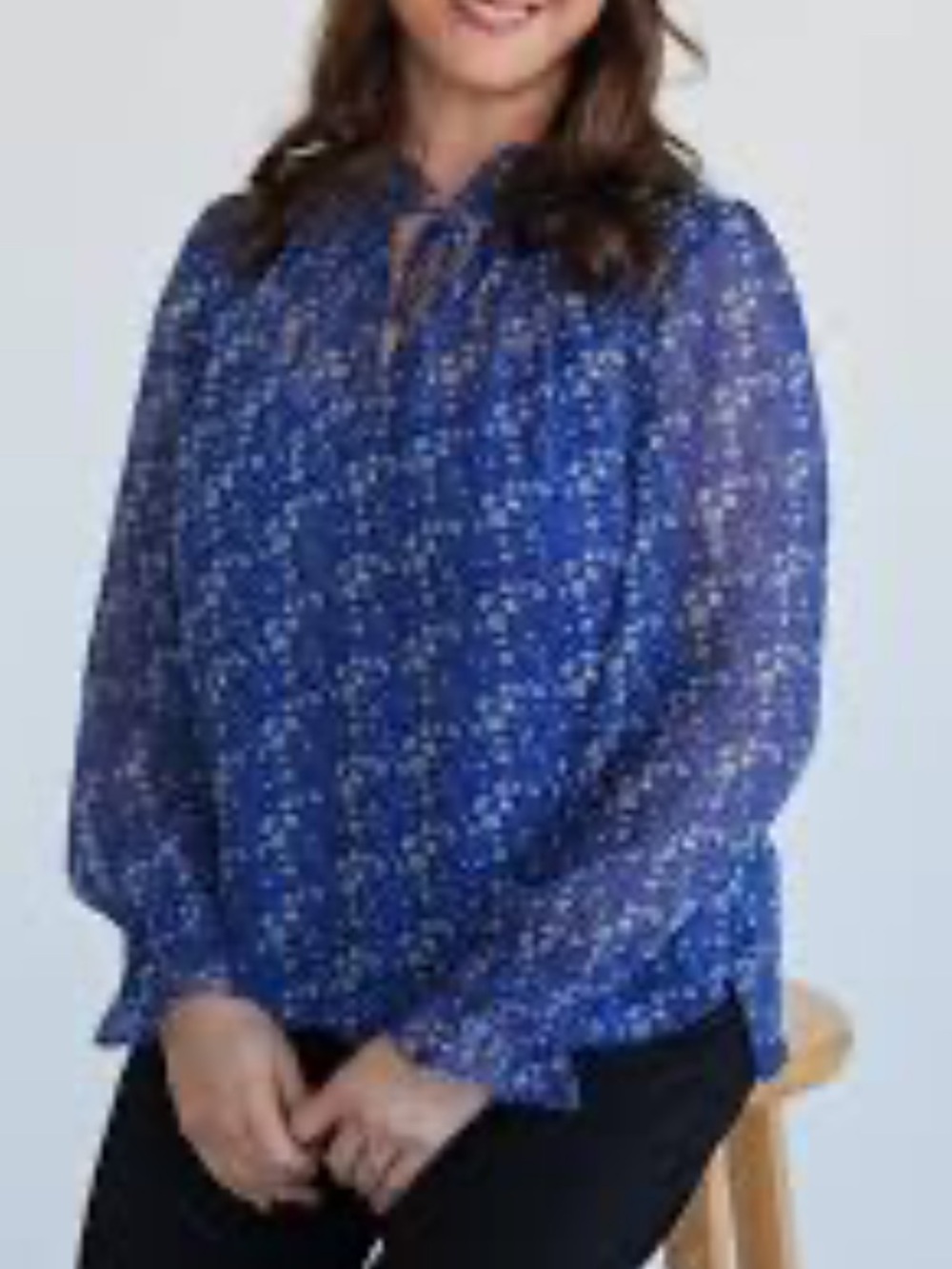LOFT Royal Floral Ruffle-Neck Blouse‎ sheer office work attire feminine romantic